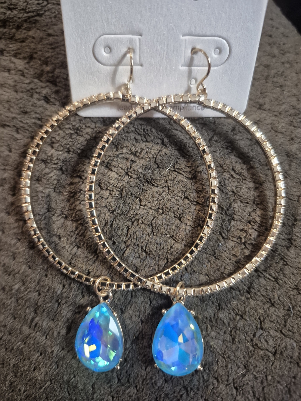 Gold Hoop Earrings with Blue Teardrop Crystals - Women Jewelry